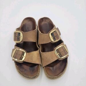 Birkenstock Arizona big buckle Leather Slide Sandals - Brown Congac